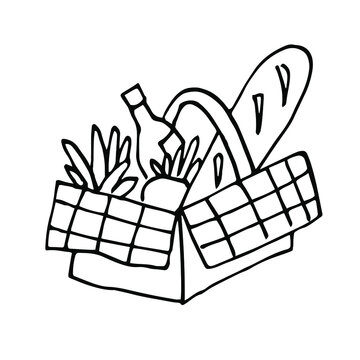 recommend clip art: Picnic basket with products. Vector drawing in Doodle style. Breakfast in nature. Picnic with fresh bread and fruit.