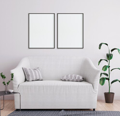 Mock up poster frame in interior background, living room, Scandinavian style, 3d render. 3D illustration. 
