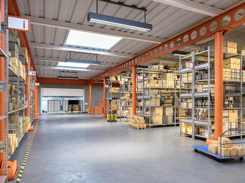 industrial warehouse interior 3d illustration