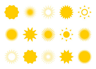 Sun. Sun rays collection vector icons. Sun icons collection, isolated. Rays in flat design. Vector illustration