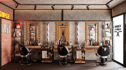 barbershop working place interior 3d illustration - obrazy, fototapety, plakaty