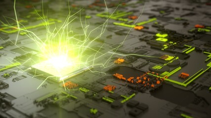 cpu concept with green electric arcs and light beam on processor. 3D illustration