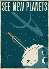 See New Planets Retro Future Space Journey's Poster Style, Space Rocket launching, Asteroid, Saturn, Outer Space. Vintage Colors, Grunge Texture Frame © koyash07