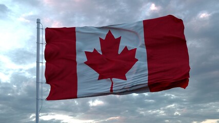 Flag of Canada waving in the wind against deep beautiful clouds sky. 3d rendering