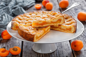 slices of apricot shortcrust pie, top view