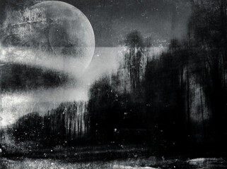 Scary night landscape with forest and full moon, horror wallpaper