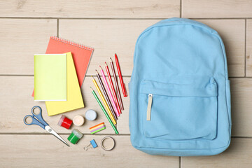 school backpack and school stationery top view. Concept back to school.
