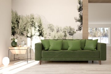 White stylish minimalist room with green sofa and decorated wall. Scandinavian interior design. 3D illustration