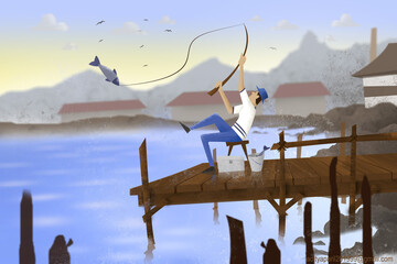 Fisherman fishing at lake