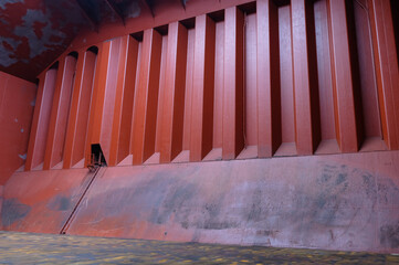 cargo hold red steel bulkhead of bulk carrier