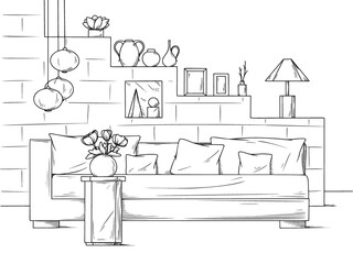 Sketch a cozy living room in boho style. Sofa, table and various decor elements. Vector illustration