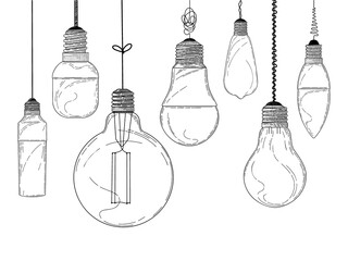 Sketch of hanging light bulbs isolated on a white background. Seamless pattern. Vector
