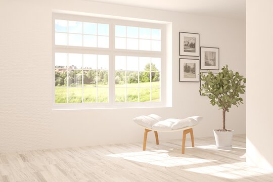 Idea of white stylish minimalist room with armchair and summer landscape in window. Scandinavian interior design. 3D illustration