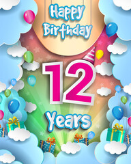 12th Years Birthday Design for greeting cards and poster, with clouds and gift box, balloons. design template for anniversary celebration.