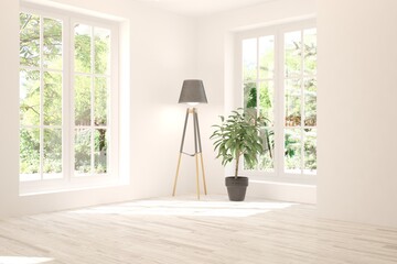 White stylish empty room with summer landscape in window. Scandinavian interior design. 3D illustration