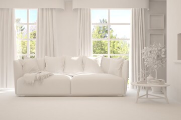 Stylish room in white color with sofa and green landscape in window. Scandinavian interior design. 3D illustration
