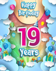 19th Years Birthday Design for greeting cards and poster, with clouds and gift box, balloons. design template for anniversary celebration.