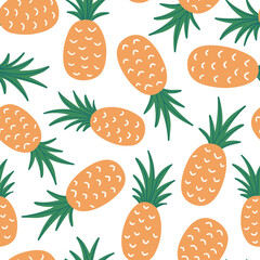 Pineapple seamless vector pattern. Summer hand drawn background. Trendy tropical pattern with fruits for prints, textile, wrapping paper and decoration design. Simple vector backdrop
