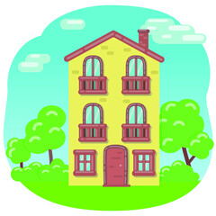 Cartoon house in the flat style. Isolated vector image. House with trees and clouds in sky