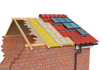 Unfinished roofing works and solar batteries installation, 3d illustration