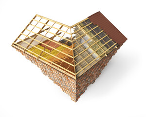 Roof installing layer by layer on a piece of brickwall, 3d illustration