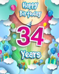 34th Years Birthday Design for greeting cards and poster, with clouds and gift box, balloons. design template for anniversary celebration.