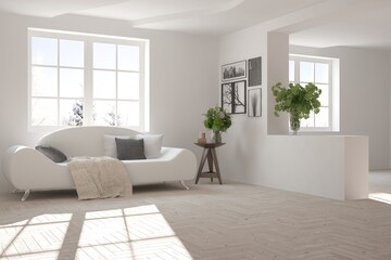 White stylish minimalist room with sofa. Scandinavian interior design. 3D illustration