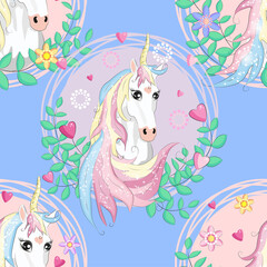 seamless pattern with cute unicorns, clouds,rainbow and stars. Magic background with little unicorns.