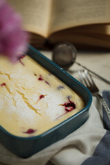 cottage cheese pie with berries in powdered sugar for Breakfast. Diet curd pie