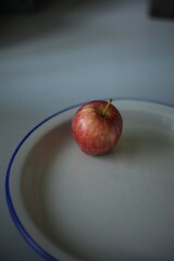 Small red apple on enamel blue rimmed plate