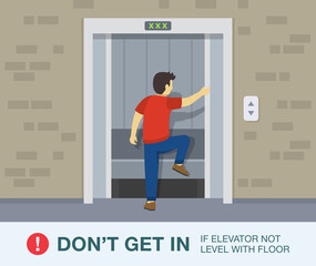Young man trying to get in to the broken elevator. Lift is out of service. Flat vector illustration.