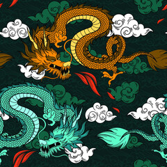 Vector seamless pattern with chinese dragon and clouds. Hand drawn. Abstract art print.  Wallpaper, cloth design, fabric, tissue, textile design template, background. Mythological 