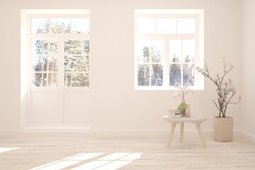 White stylish empty room with winter landscape in window. Scandinavian interior design. 3D illustration