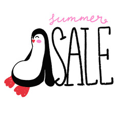 llustration of penguin and summer sale. Summer sale vector banner template. Promo badge animal for your seasonal design.