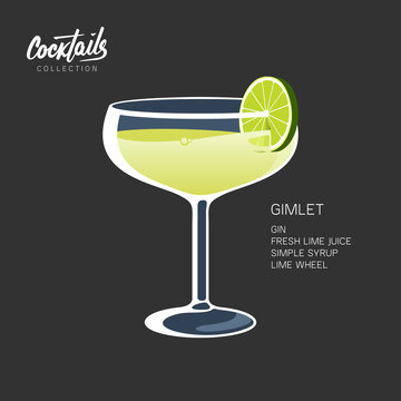 Cocktail Gimlet glass lime wheel black vector illustration