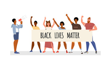  Concept on the theme of racism. Stop racism. The image of protesting people, equality. Black lives matter. Vector stock illustration. Isolated on a white background. Flat style.