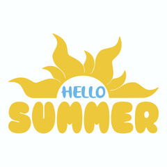 Hello summer! Summer vector illustration with hand lettering. Template badge, sticker, banner, greeting card or label.