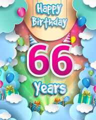 66th Years Birthday Design for greeting cards and poster, with clouds and gift box, balloons. design template for anniversary celebration.