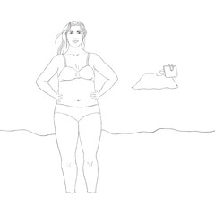 Curvy girl standing by the sea, caucasian young woman posing wearing bikini. 