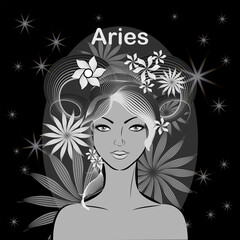 Elegant gentle girl with a fantastic hairdo on a black background.Sign of the zodiac Aries.

