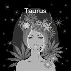 Elegant gentle girl with a fantastic hairdo on a black background.Sign of the zodiac Taurus.
