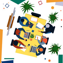 A group of colleagues are sitting at a large table in a meeting. Vector illustration in flat style top view.