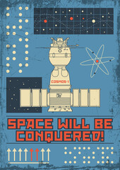 Spacecraft Engineering Blueprint Stylization Poster, Retro Soviet Technology Space Program Propaganda Illustration, 