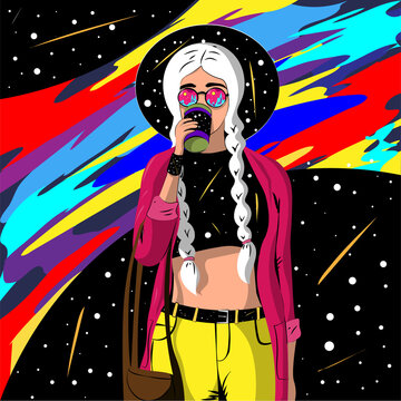 Bright sexy young woman in the style of psychedelic pop art.