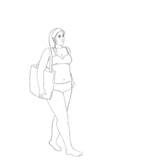 young woman with a bag wearing bikini, curvy girl go to the beach or pool.