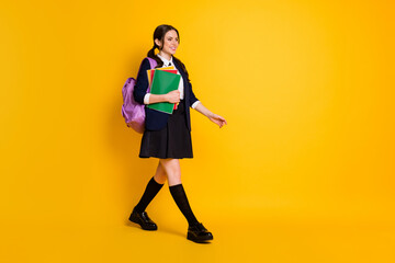 Full length photo of positive a-level student girl hold many copybooks bag rucksack go walk lecture...