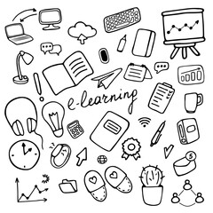 E-learning icon set. Online education symbols. Hand drawn vector illustration