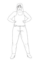 Young curvy woman look at front, large size model, fashion illustration in black and white.