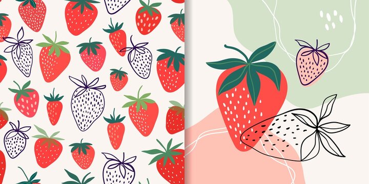 Strawberry collection with seamless pattern and abstract composition, doodle shapes, trendy design