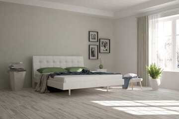 Fototapeta na wymiar White stylish minimalist bedroom. Scandinavian interior design. 3D illustration